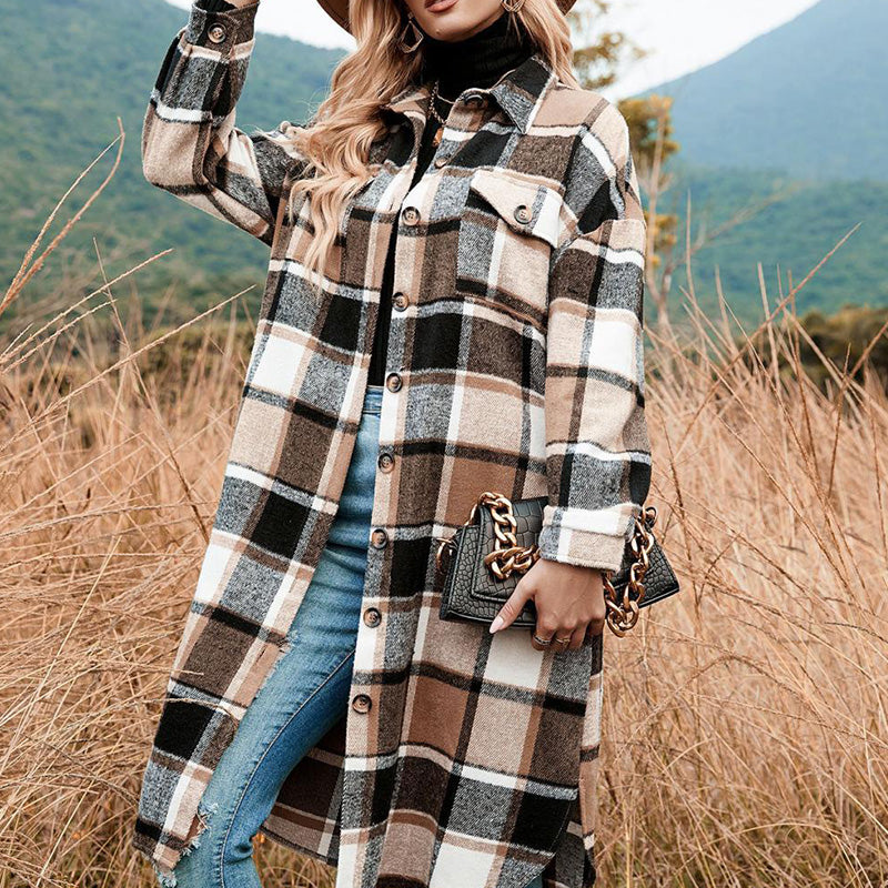 🍂Fall Specials💕Women's Plaid Print Long Sleeve Warm Tweed Coat