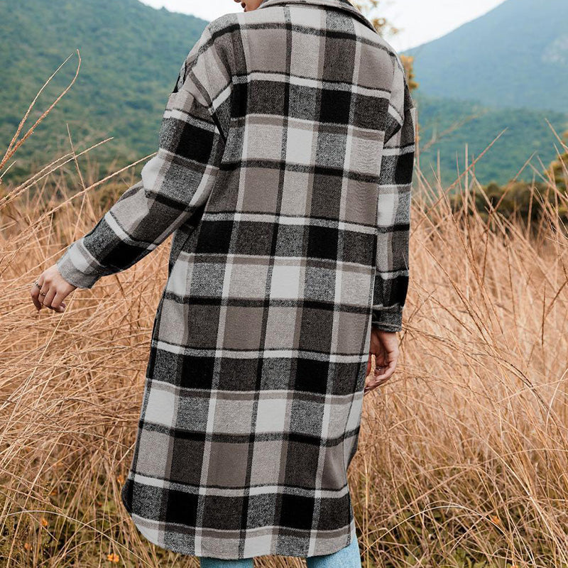 🍂Fall Specials💕Women's Plaid Print Long Sleeve Warm Tweed Coat