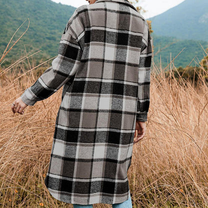 🍂Fall Specials💕Women's Plaid Print Long Sleeve Warm Tweed Coat