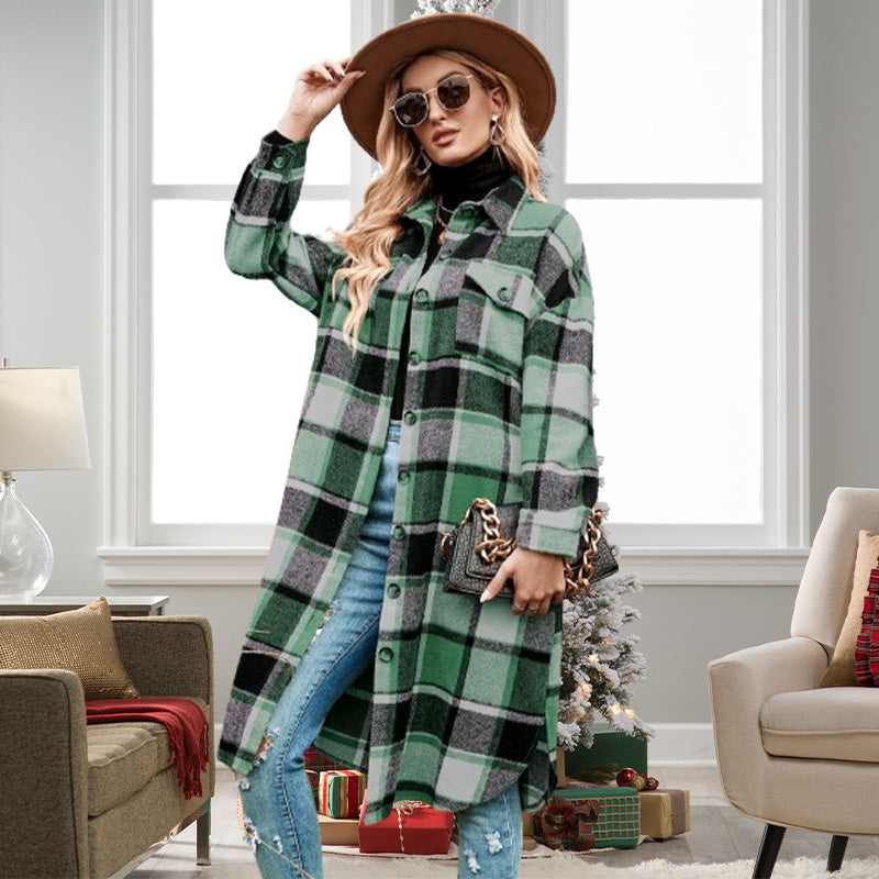 🍂Fall Specials💕Women's Plaid Print Long Sleeve Warm Tweed Coat