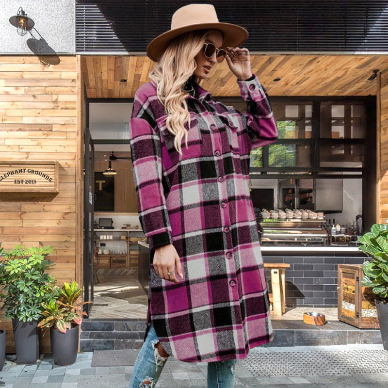 🍂Fall Specials💕Women's Plaid Print Long Sleeve Warm Tweed Coat