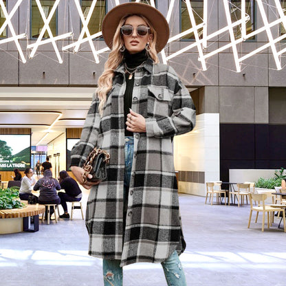 🍂Fall Specials💕Women's Plaid Print Long Sleeve Warm Tweed Coat