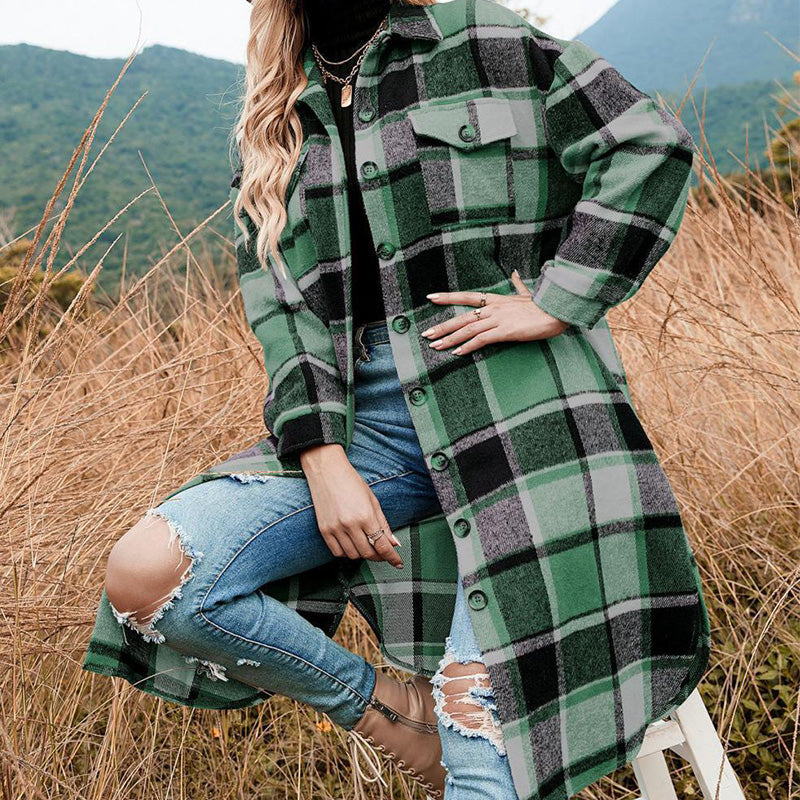 🍂Fall Specials💕Women's Plaid Print Long Sleeve Warm Tweed Coat