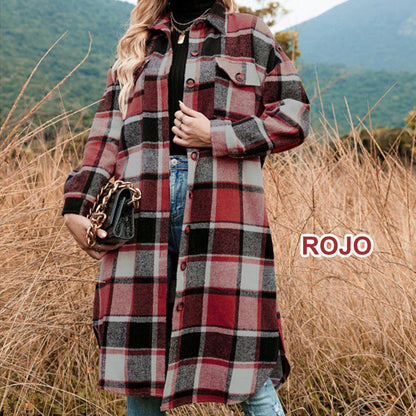 🍂Fall Specials💕Women's Plaid Print Long Sleeve Warm Tweed Coat