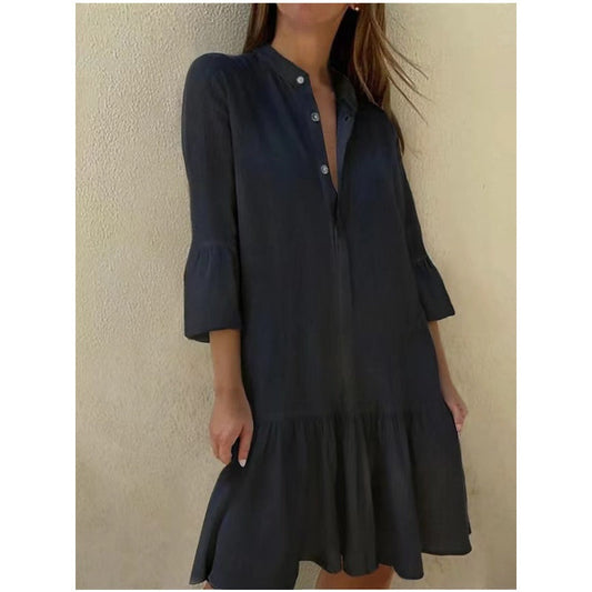 Women's Lapel Pleated Mini Shirt Dress