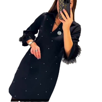 V-Neck Dress with Rhinestone Faux Feather Decoration