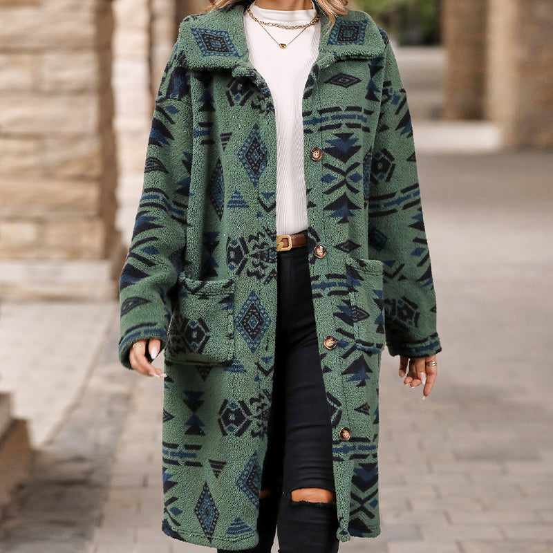 Women's Lapel Print Long-Sleeve Button Down Coat