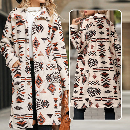 Women's Lapel Print Long-Sleeve Button Down Coat