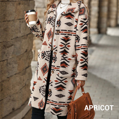 Women's Lapel Print Long-Sleeve Button Down Coat