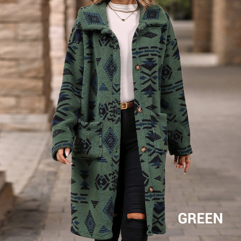 Women's Lapel Print Long-Sleeve Button Down Coat