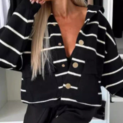 Women's Striped Button Down Hooded Coat