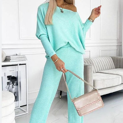 ✨Women's Solid Color Drop Shoulder Pullover and Loose Pants Set