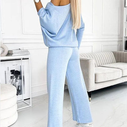 ✨Women's Solid Color Drop Shoulder Pullover and Loose Pants Set