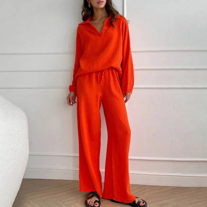 Solid Colours 2 Piece Casual Set - V-Neck Top and Wide Leg Trousers