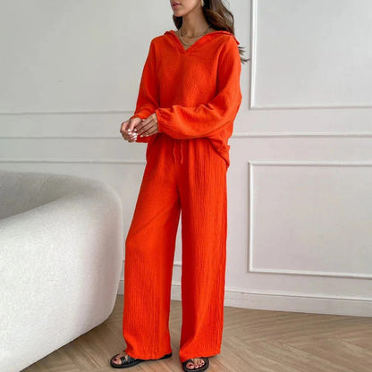 Solid Colours 2 Piece Casual Set - V-Neck Top and Wide Leg Trousers