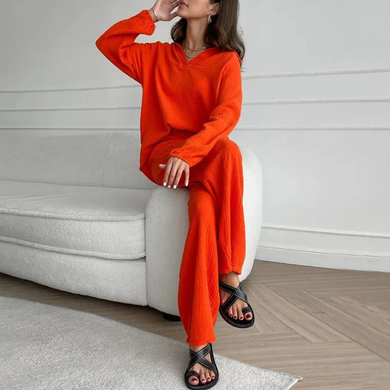 Solid Colours 2 Piece Casual Set - V-Neck Top and Wide Leg Trousers