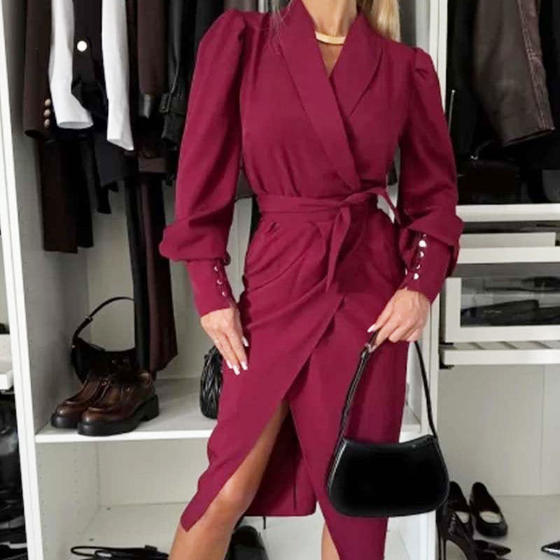 🔥🖤Black Friday Sale:50% OFF🔥Women's Long-Sleeve V-Neck Tie Waist Split Dress