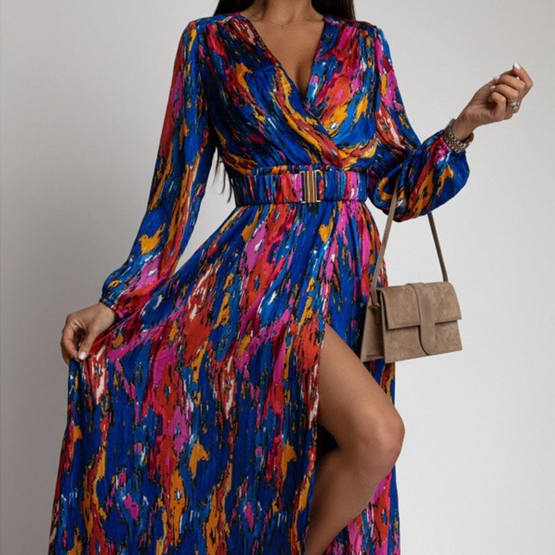 Women's Printed Long Sleeve V-Neck Split Dress