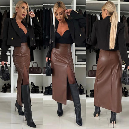 🔥Limited Time 50% OFF🔥Women's Elegant Sexy High-waist Thigh-slit Leather Skirt