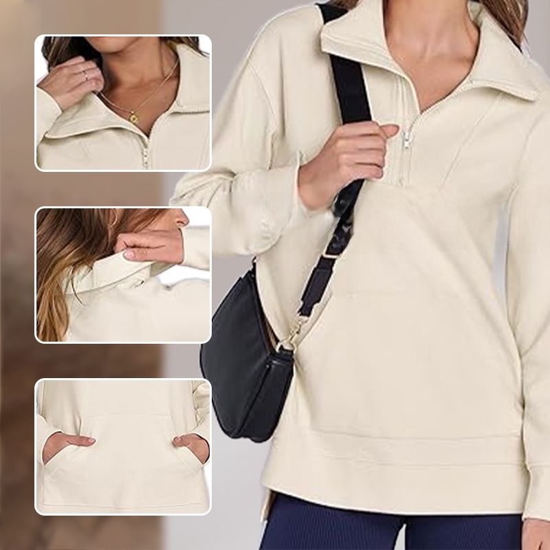 Women’s Casual Half-zip Lapel Pullover Tops with High-low Hem