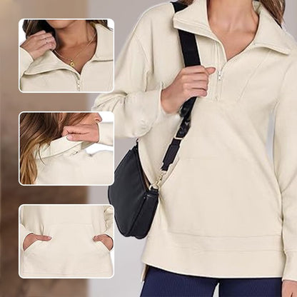 Women’s Casual Half-zip Lapel Pullover Tops with High-low Hem