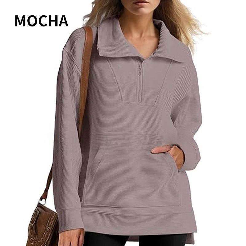 Women’s Casual Half-zip Lapel Pullover Tops with High-low Hem