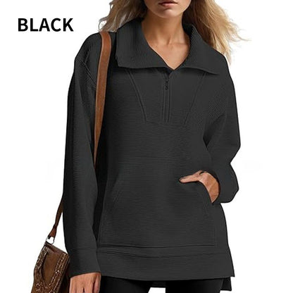 Women’s Casual Half-zip Lapel Pullover Tops with High-low Hem