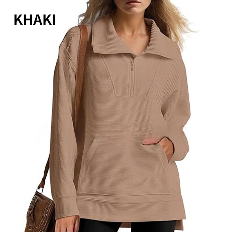 Women’s Casual Half-zip Lapel Pullover Tops with High-low Hem