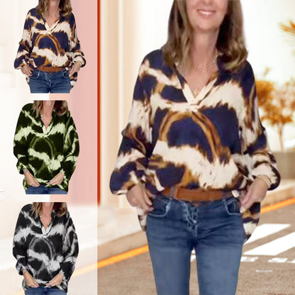 Casual Print V Neck Long Sleeve Top