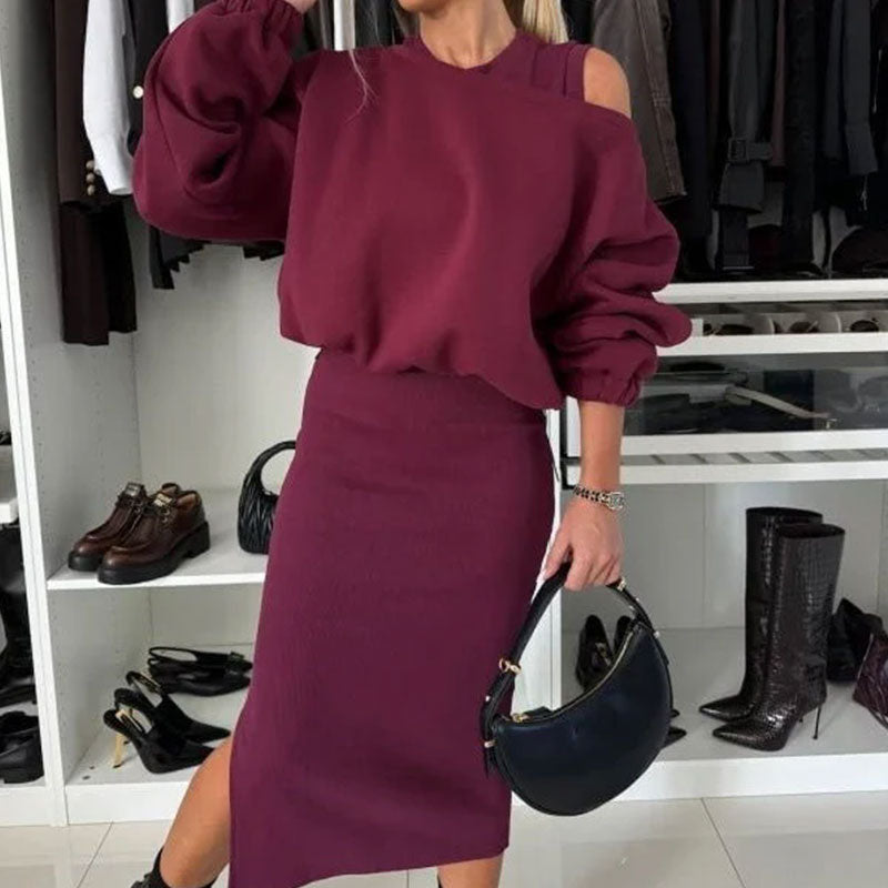 👗Women's Slanted Shoulder Sweatshirt & Sleeveless Dress Set
