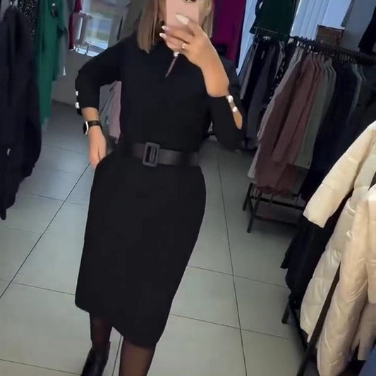 🖤Black Friday 50% off sale💥Women's Elegant Solid Color Dress with Belt