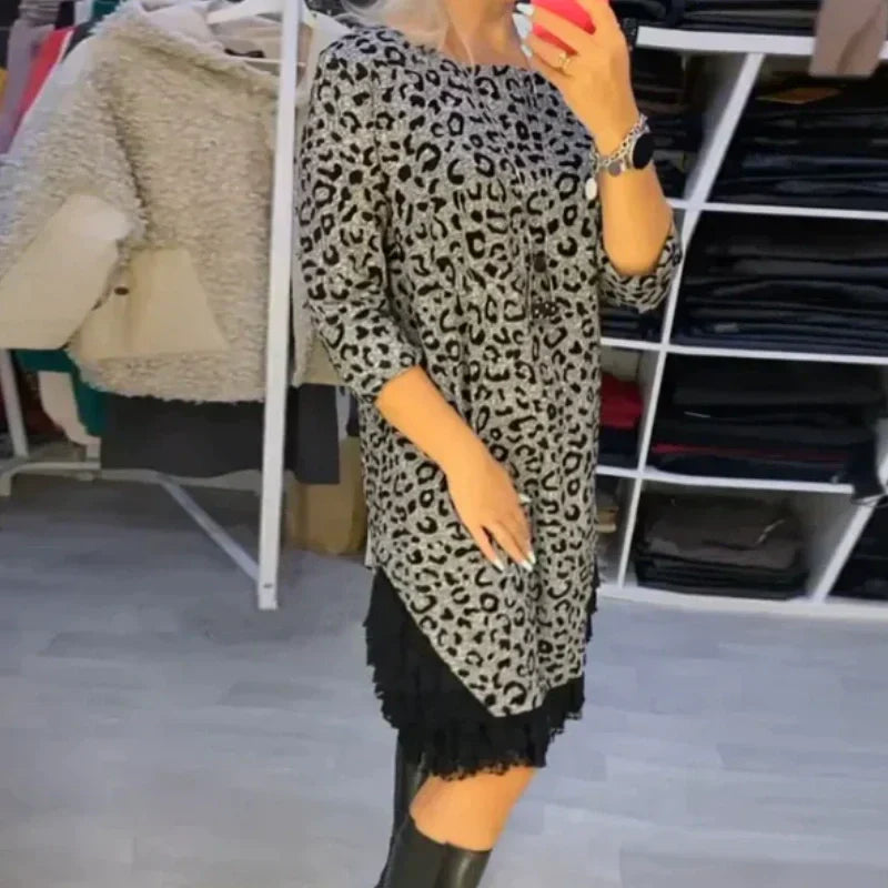 🎅Early Xmas Sales - 50% OFF🎄Women’s Lace Trim Leopard Print Dress