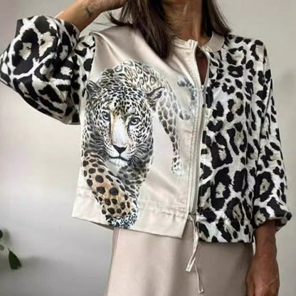 Women's Zipper Short Jacket with a Tiger & Leopard Print