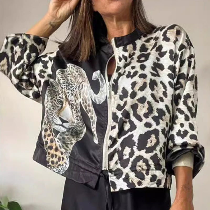 Women's Zipper Short Jacket with a Tiger & Leopard Print