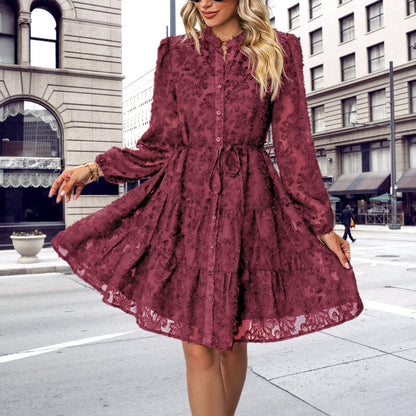 Women's Long Sleeve Lace Jacquard Printed Dress