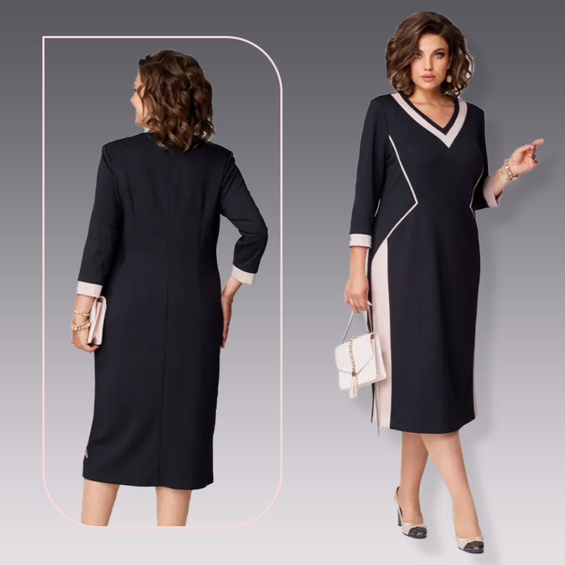 3/4 Sleeve V-Neck Color Block Dress