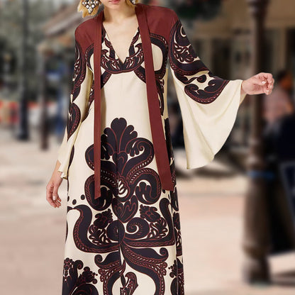 Women's Bohemian Maxi Dress with Bell Sleeves