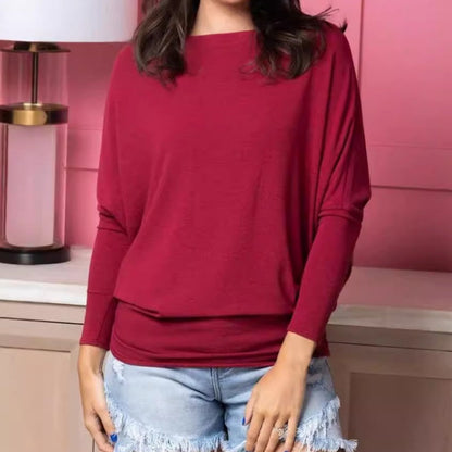 Women's Autumn Solid Round Neck Batwing-Sleeve Top