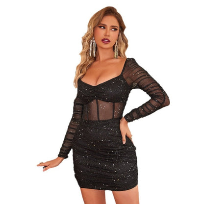 Women's Sexy Mesh Glitter Long Sleeve Mini Dress