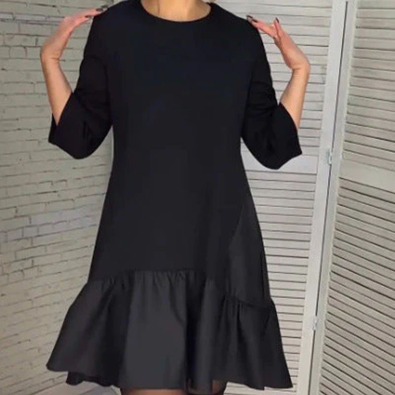 Loose Pleated Elegant Black Dress with Seven-pointed Sleeves