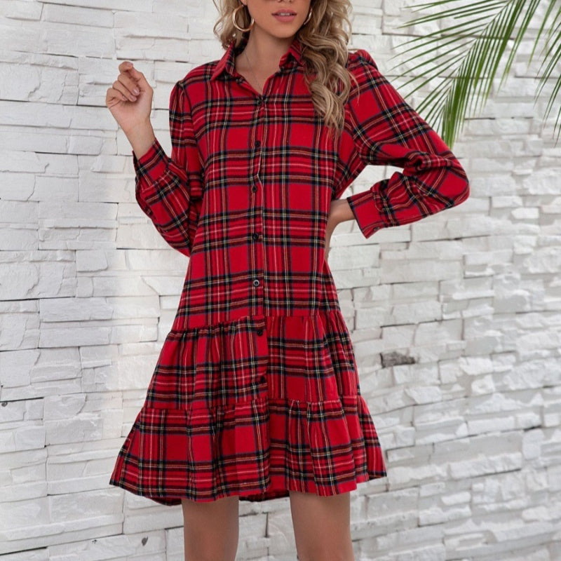 Women's Christmas Plaid Lapel Short Dresses