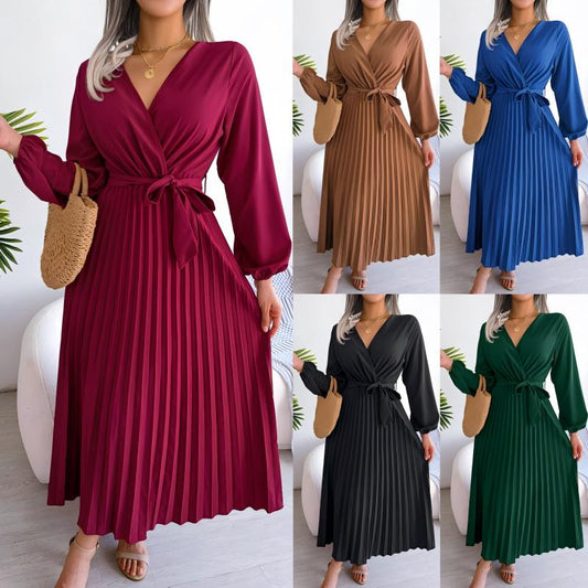 Women's Long Length Pleated Wrap Tie Dress