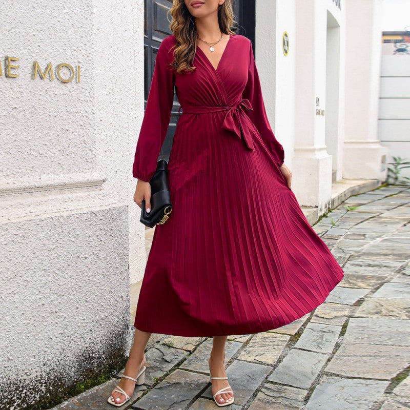 Women's Long Length Pleated Wrap Tie Dress