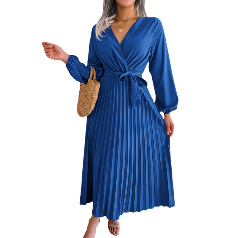 Women's Long Length Pleated Wrap Tie Dress