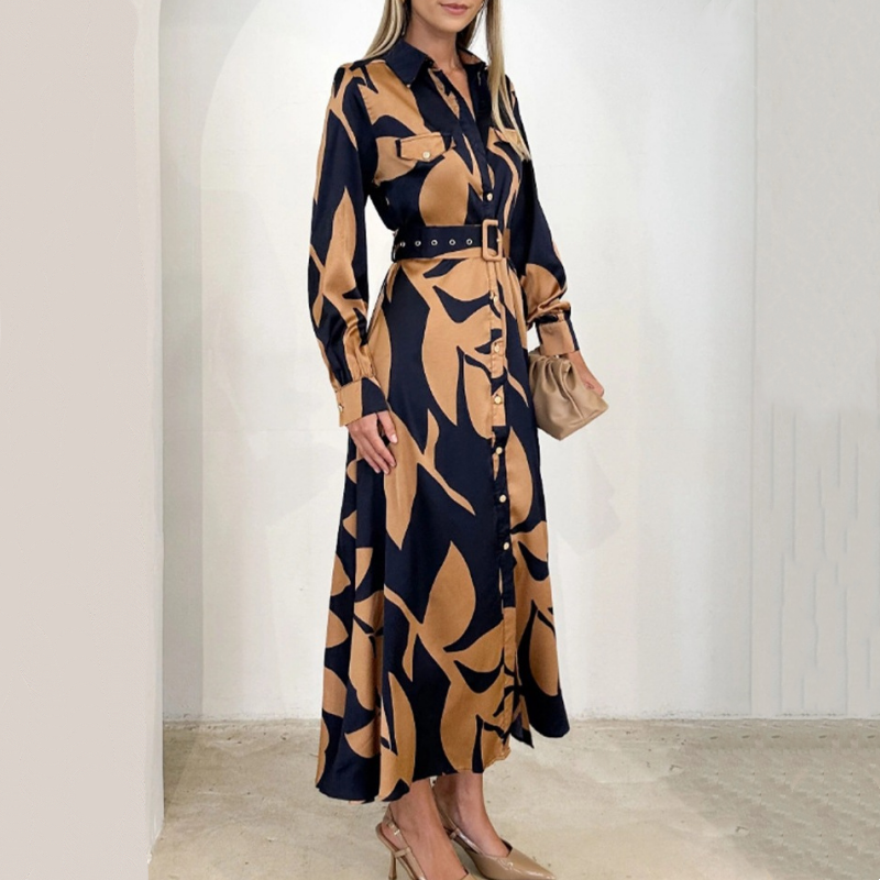 🎁Limited Sale 50% OFF💕Women’s Lapel Long-Sleeve Print Dress with Belt💃