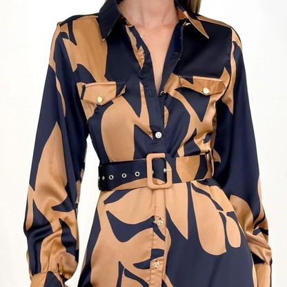 🎁Limited Sale 50% OFF💕Women’s Lapel Long-Sleeve Print Dress with Belt💃