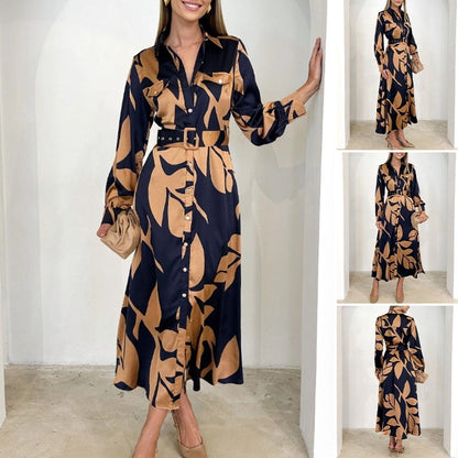 🎁Limited Sale 50% OFF💕Women’s Lapel Long-Sleeve Print Dress with Belt💃