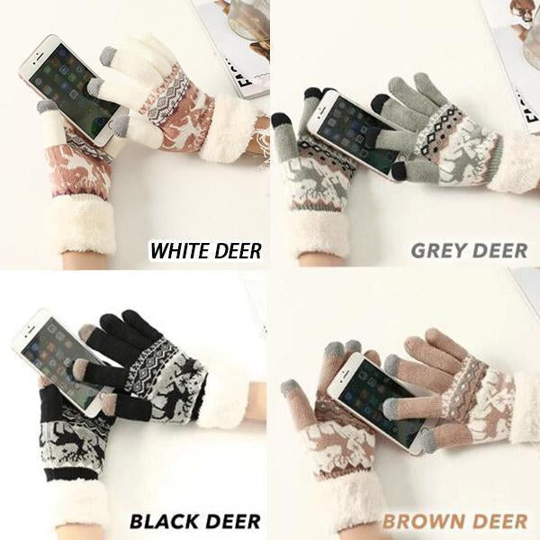 Warm Touchscreen Knit Gloves with Reindeer and Snowflake Pattern