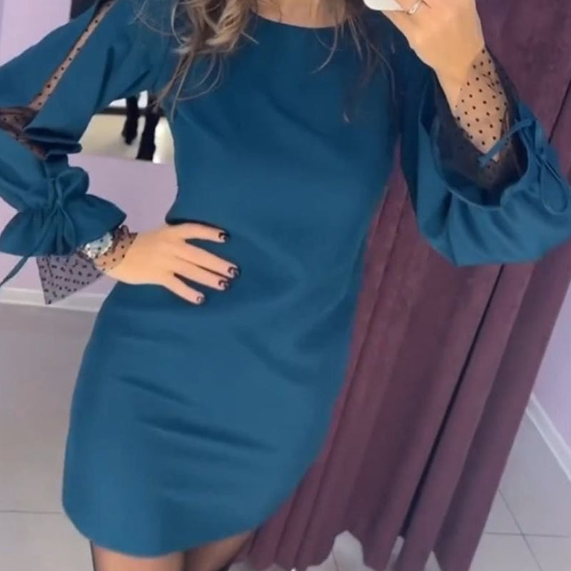 Long Sleeve Mesh Dress with Round Neck