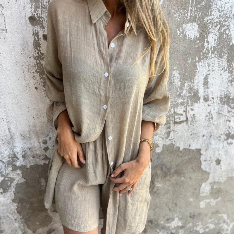 ✨Long Sleeve Shirt & Shorts Set: Women’s Casual 2-Piece, Soft Fabric for All-Day Wear